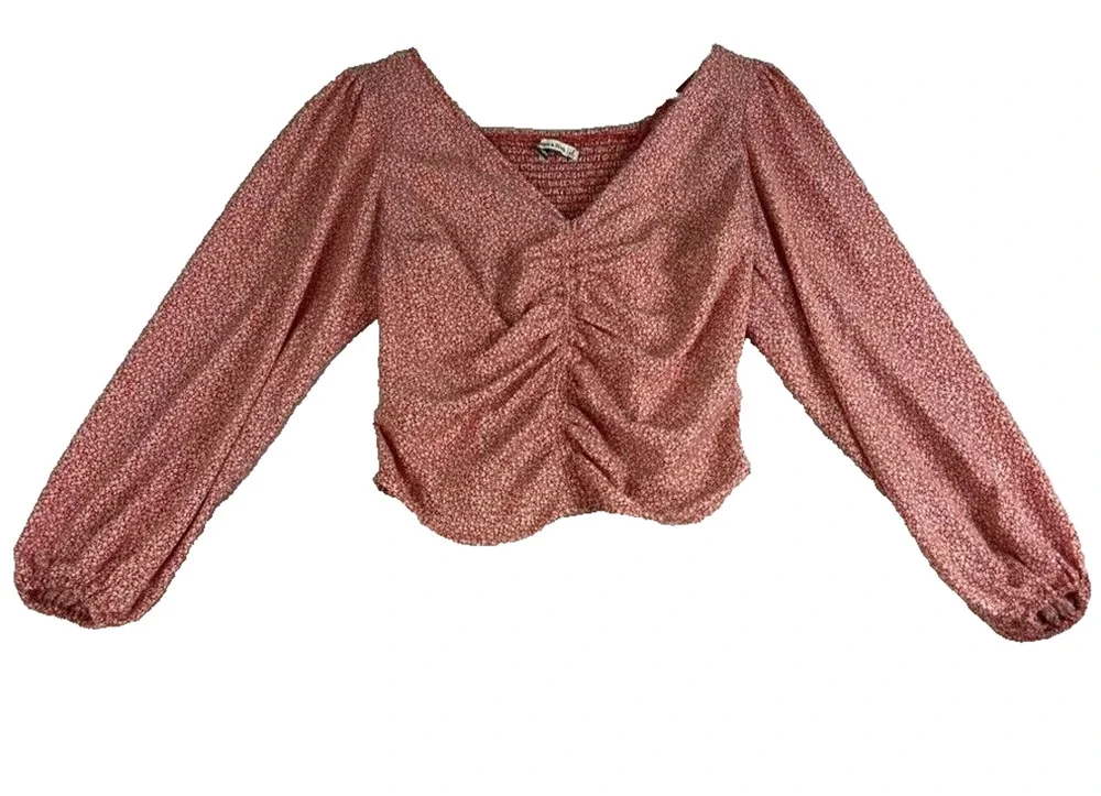 Abercrombie & Fitch Blouse Top Womens Small Red V-neck Long Puff Sleeve Ruched